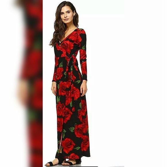 Dresses & Skirts - Black Floral Rose Long Sleeve Maxi Dress with Slit